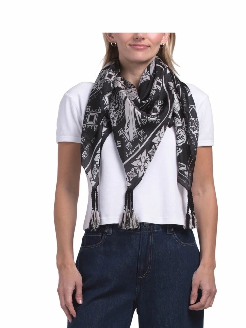 Black and White Johnny Was Myna Silk Floral Scarf